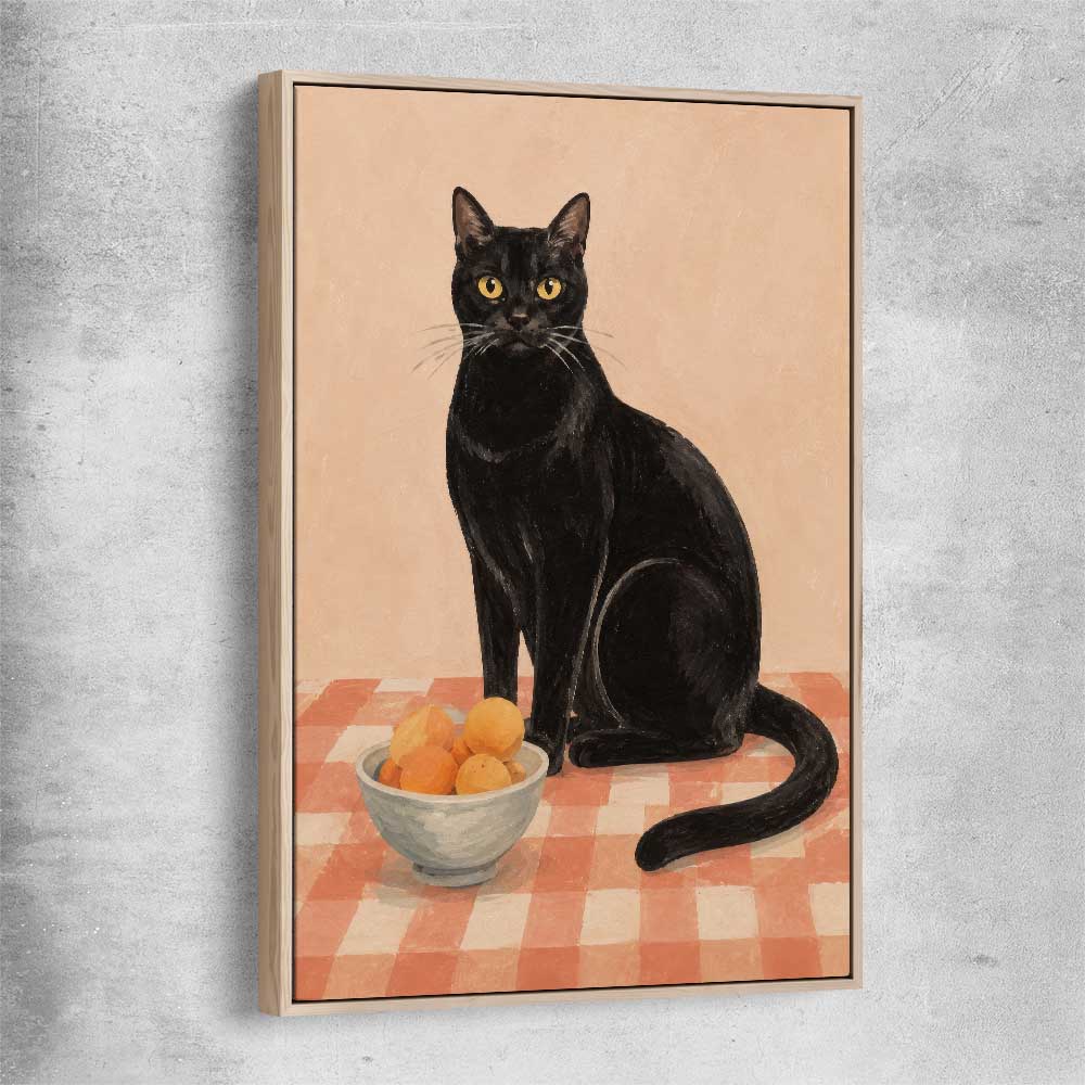 Black Cat and Peaches raw oak framed canvas is a colourful and stylish canvas wall art and print suited for the kitchen area