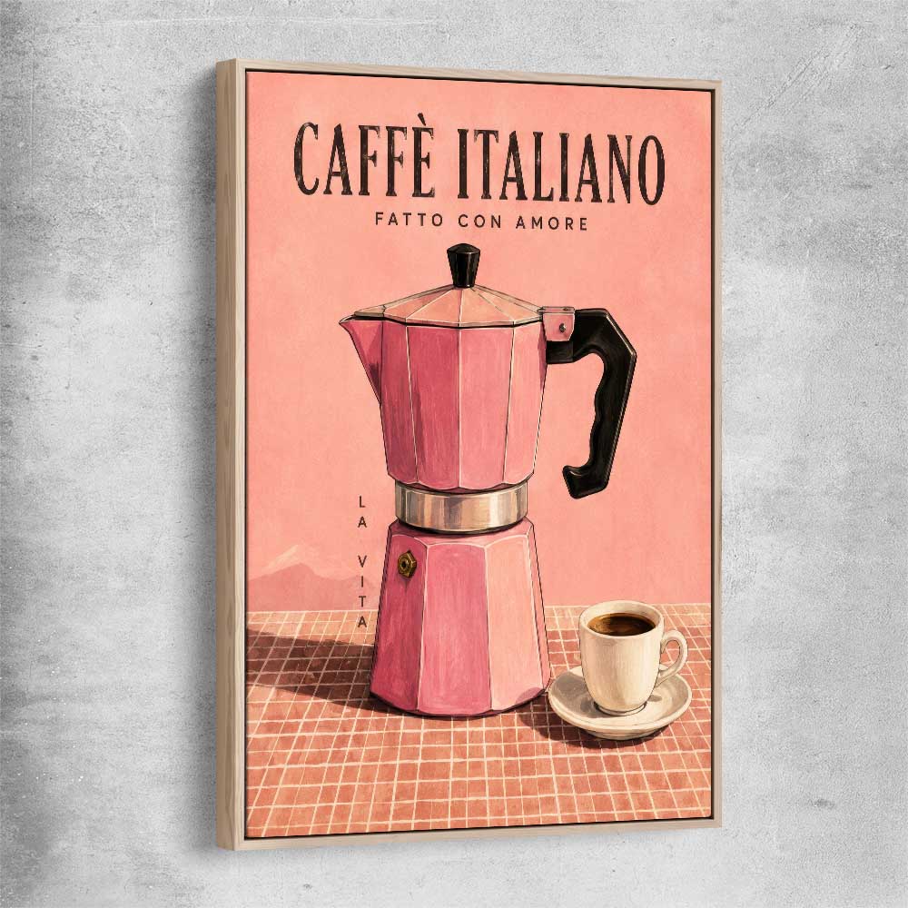 Caffe Italiano raw oak framed canvas is a colourful and stylish canvas wall art and print suited for the kitchen area