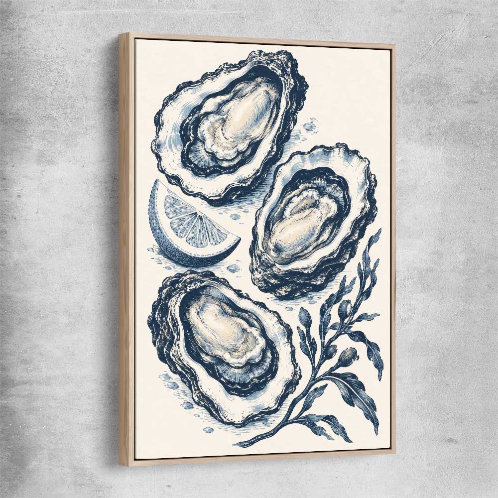 Coastal Indigo Oysters raw oak framed canvas is a colourful and stylish canvas wall art and print suited for the kitchen area