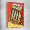 Golden Sardine Tin raw oak framed canvas is a colourful and stylish canvas wall art and print suited for the kitchen area