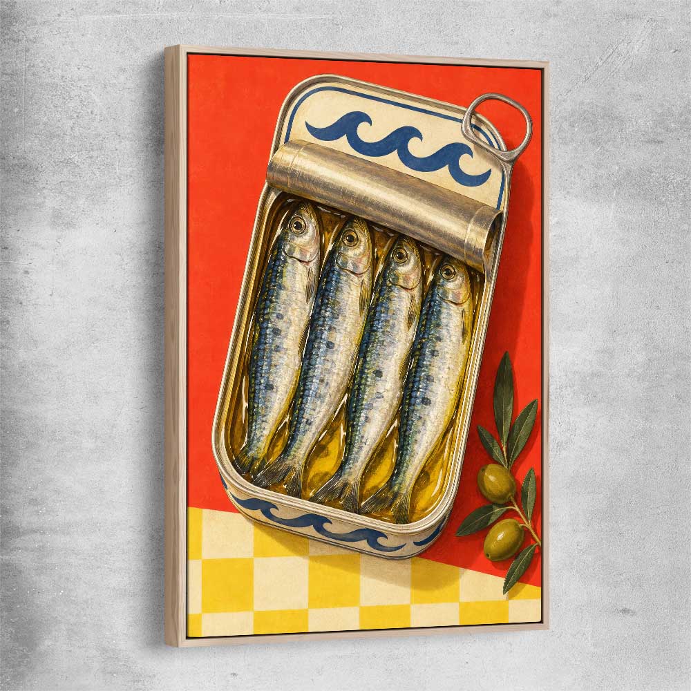 Golden Sardine Tin raw oak framed canvas is a colourful and stylish canvas wall art and print suited for the kitchen area