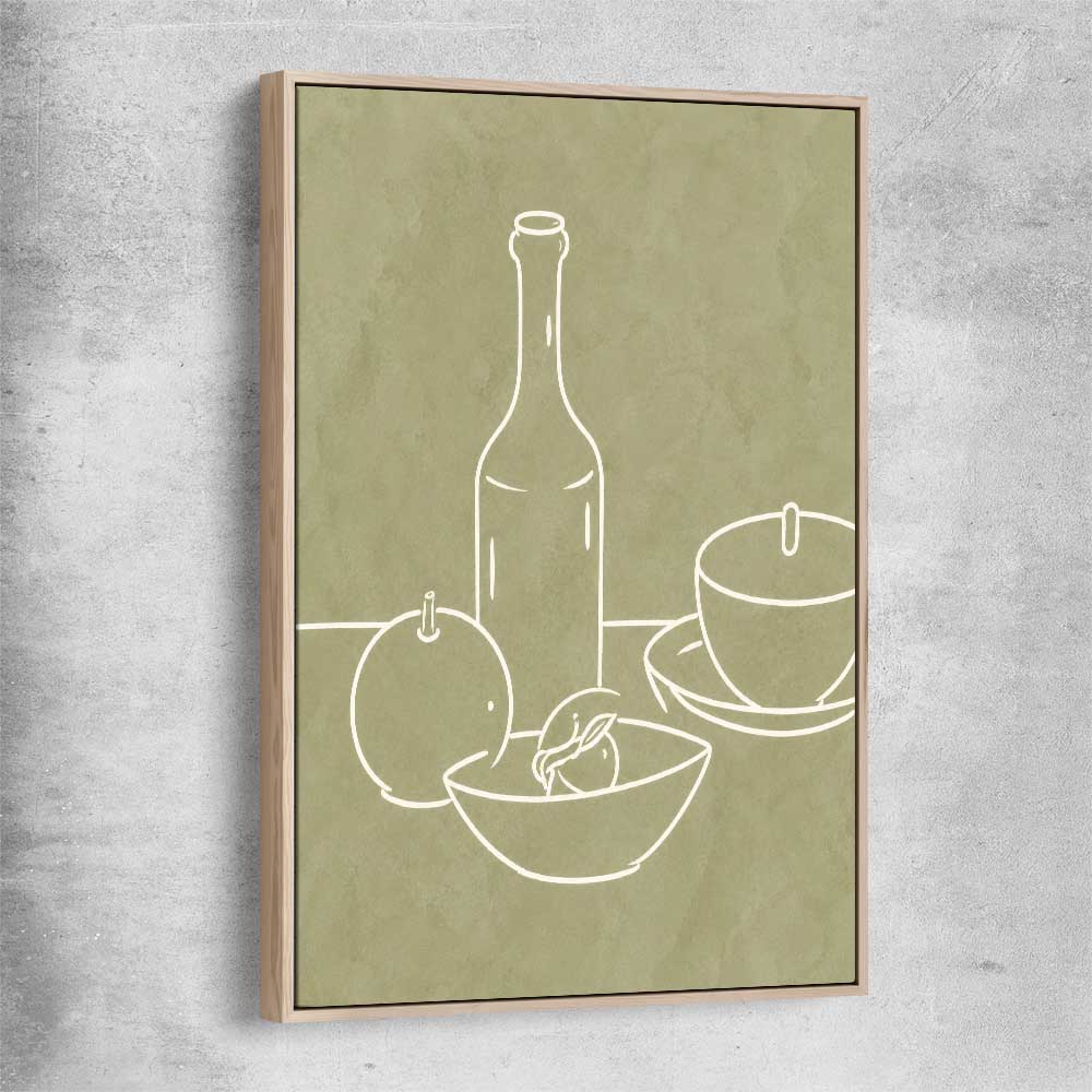 Green Bottle raw oak framed canvas is a colourful and stylish canvas wall art and print suited for the kitchen area