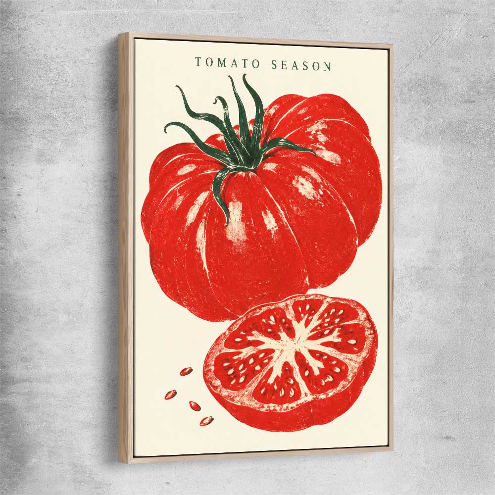 Heirloom Tomato Season raw oak framed canvas is a colourful and stylish canvas wall art and print suited for the kitchen area