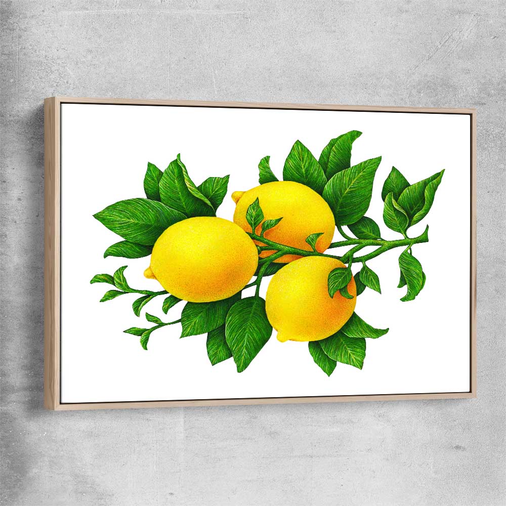 Lemon Botanical raw oak framed canvas is a colourful and stylish canvas wall art and print suited for the kitchen area