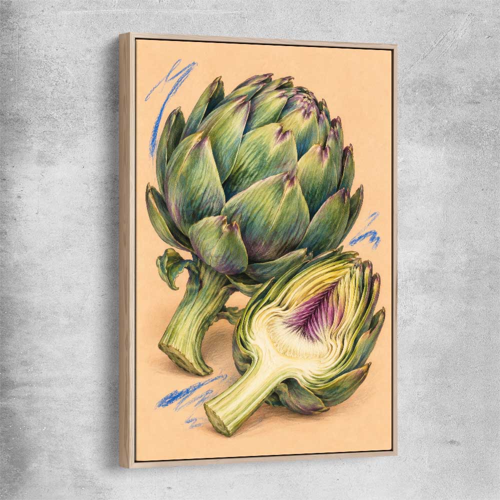 Sculptural Artichokes raw oak framed canvas is a colourful and stylish canvas wall art and print suited for the kitchen area