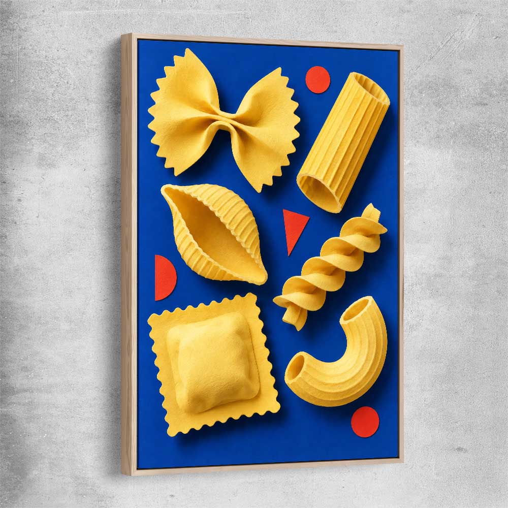 Sculptural Pasta raw oak framed canvas is a colourful and stylish canvas wall art and print suited for the kitchen area