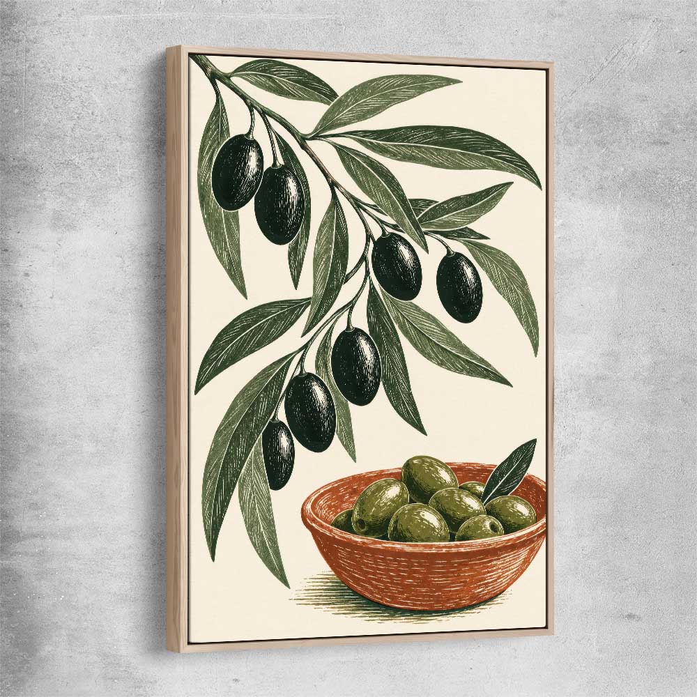 Terracotta Olive Branch raw oak framed canvas is a colourful and stylish canvas wall art and print suited for the kitchen area