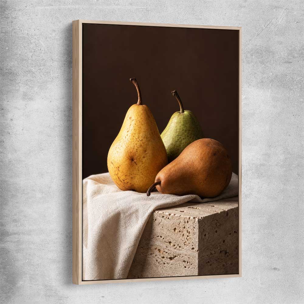 Three Pears raw oak framed canvas is a colourful and stylish canvas wall art and print suited for the kitchen area