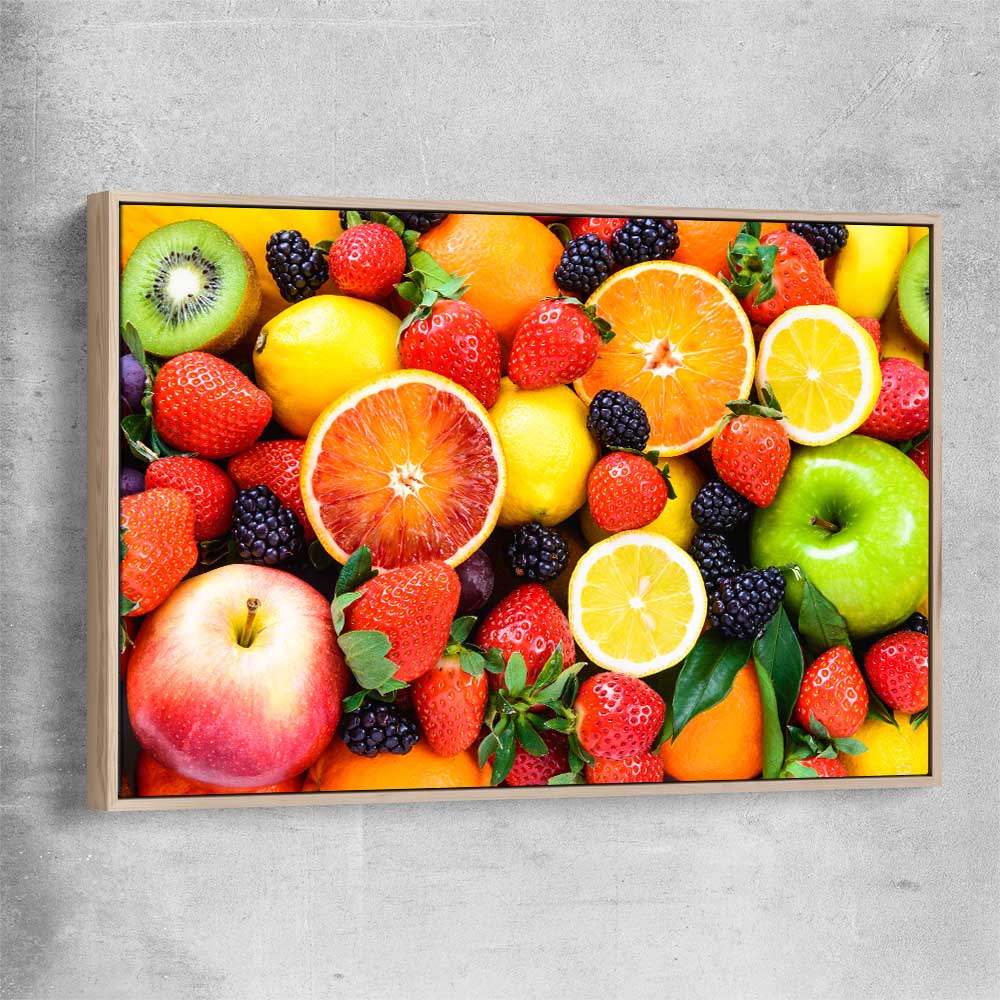 Vibrant Fruit Medley raw oak framed canvas is a colourful and stylish canvas wall art and print suited for the kitchen area