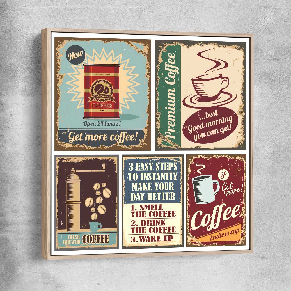 Vintage Coffee Collection raw oak framed canvas is a colourful and stylish canvas wall art and print suited for the kitchen area