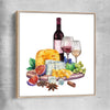 Wine and Cheese Feast raw oak framed canvas is a colourful and stylish canvas wall art and print suited for the kitchen area
