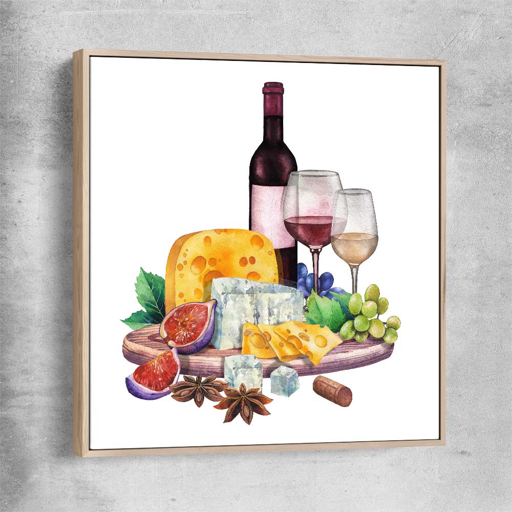 Wine and Cheese Feast raw oak framed canvas is a colourful and stylish canvas wall art and print suited for the kitchen area