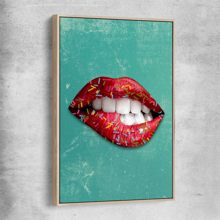Candy Pop raw oak framed canvas - part of our high quality canvas lips wall art collection