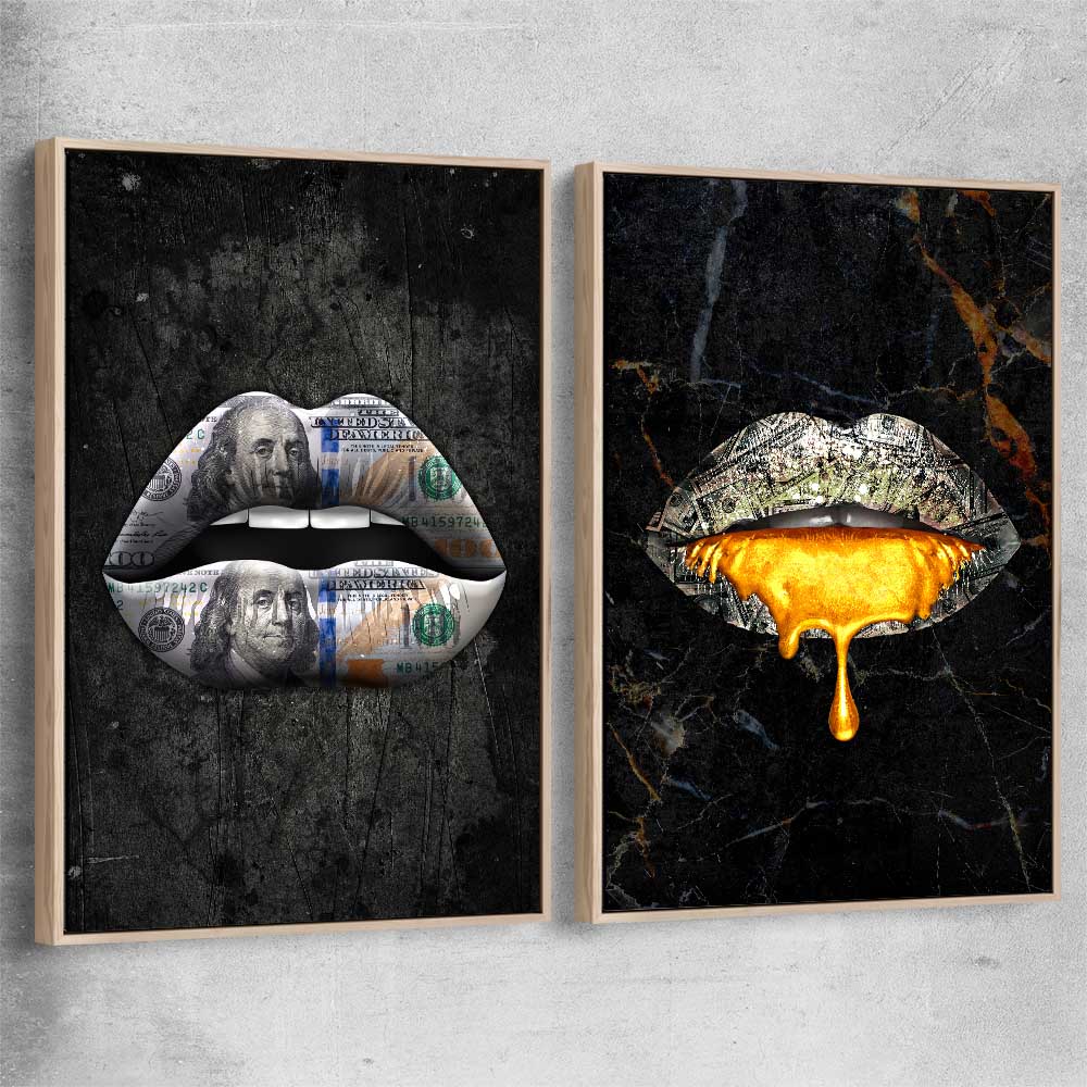Money Lips Pair raw oak framed canvas - part of our high quality canvas lips wall art collection