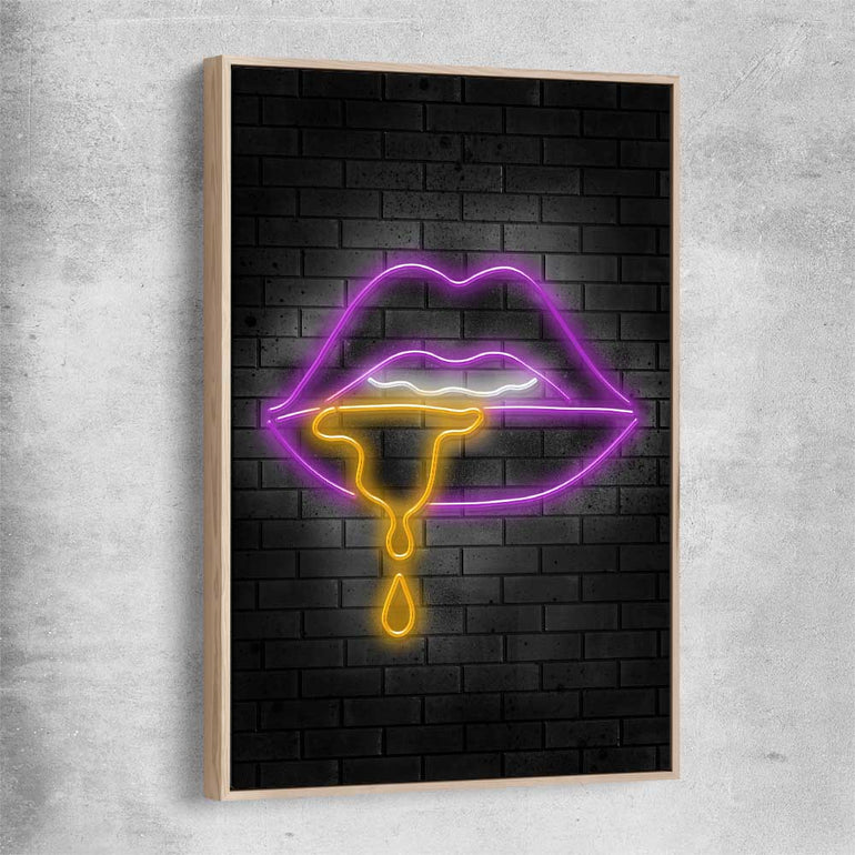 Neon Lips raw oak framed canvas - part of our high quality canvas lips wall art collection