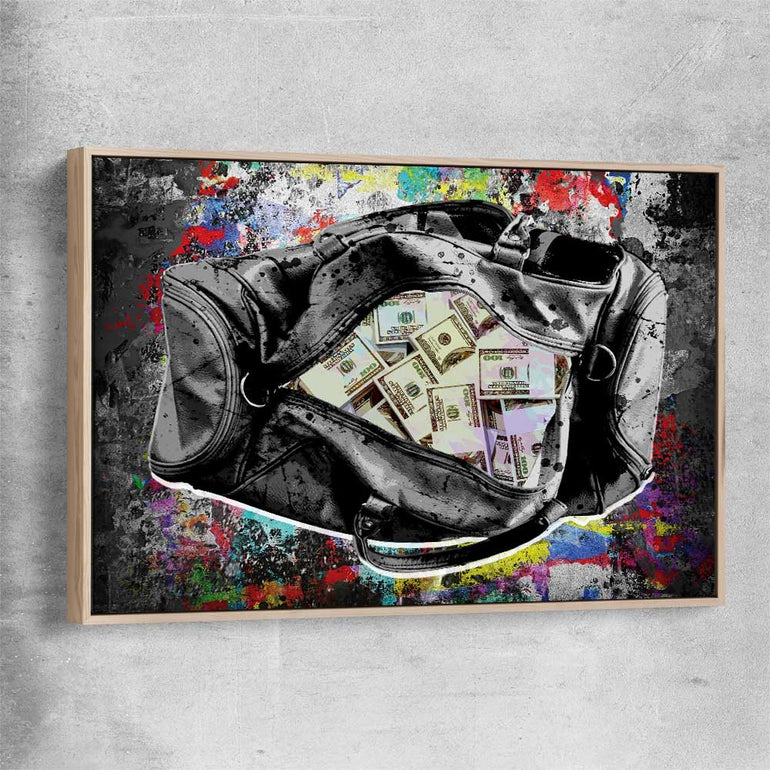 Money wall art print of Cash Duffel with raw oak framed canvas