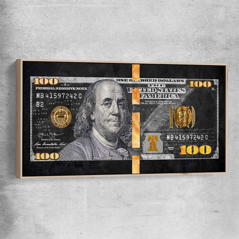 Money wall art print of Franklin Reserve with raw oak framed canvas