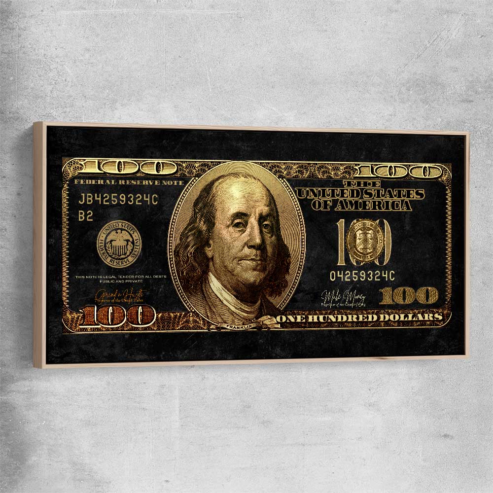 Money wall art print of Golden Bill with raw oak framed canvas
