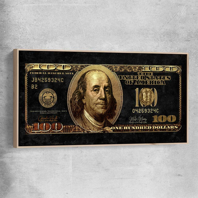 Money wall art print of Golden Bill with raw oak framed canvas