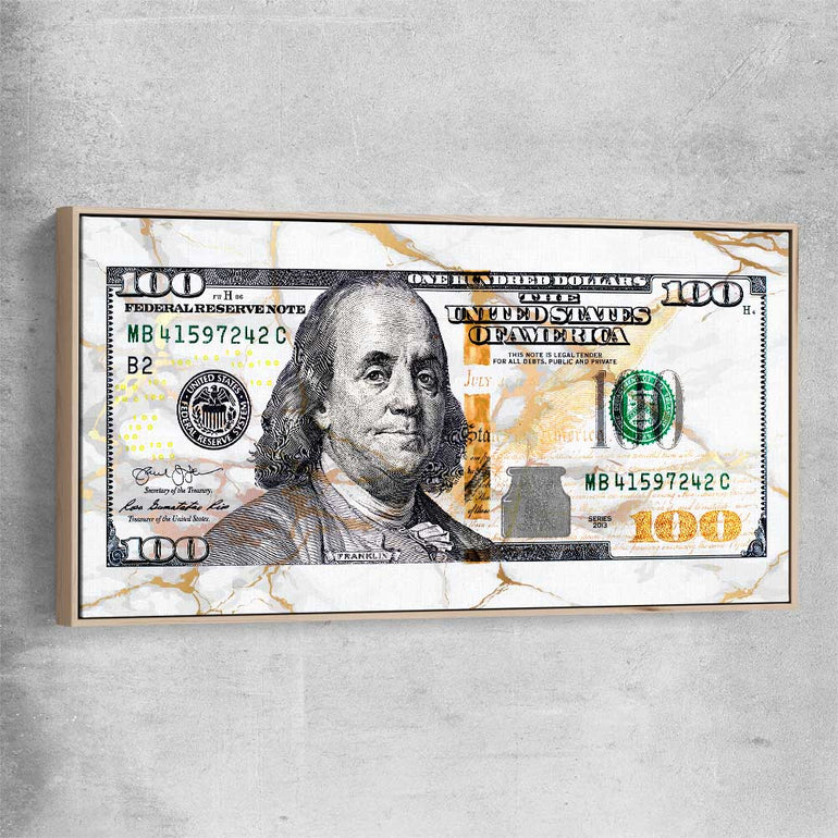Money wall art print of Marble Bill with raw oak framed canvas