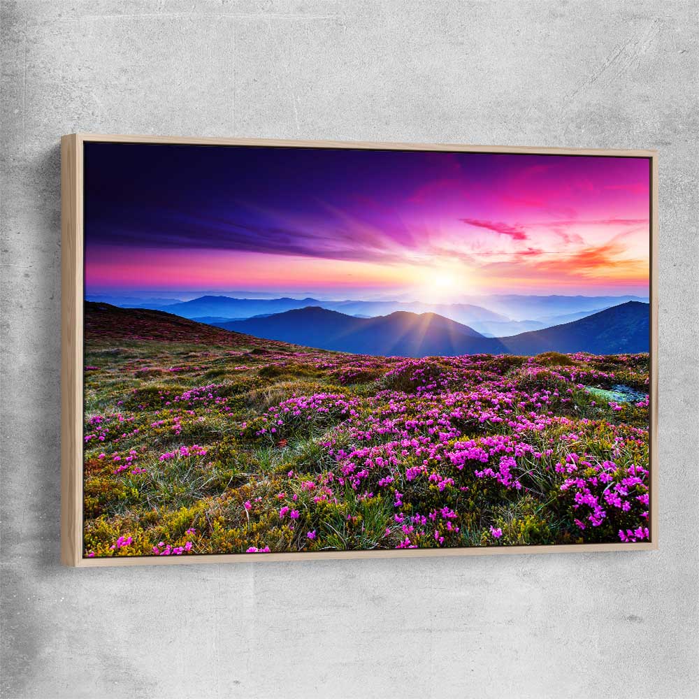 Floral print of Carpathian Mountain Bloom with raw oak framed canvas