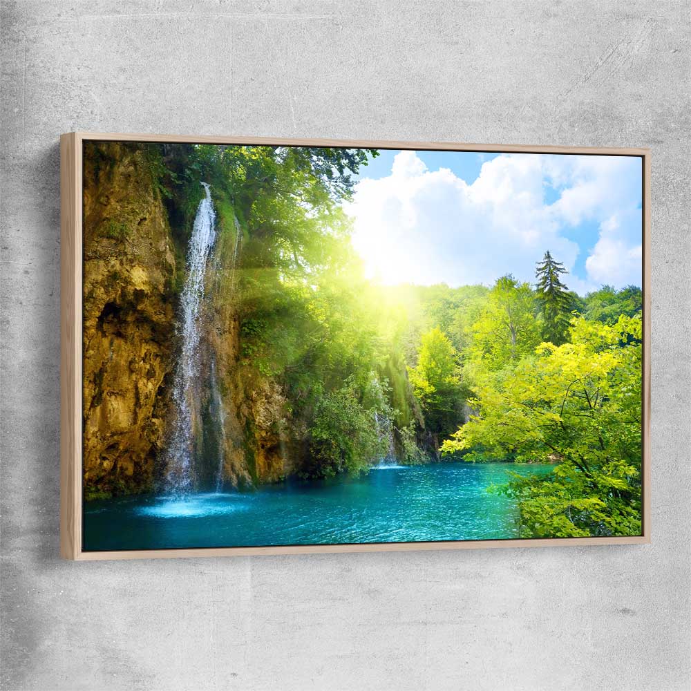 Floral print of Emerald Forest River with raw oak framed canvas
