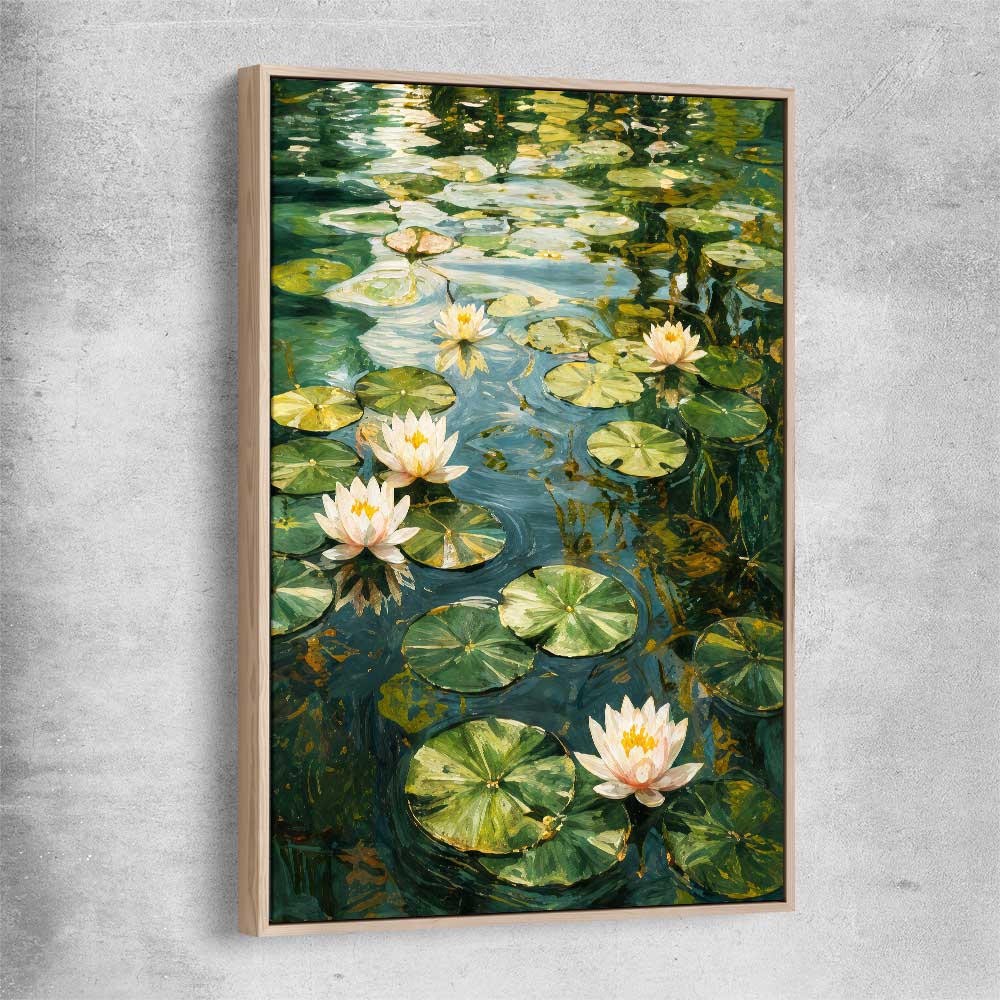 Floral print of Emerald Reverie with raw oak framed canvas