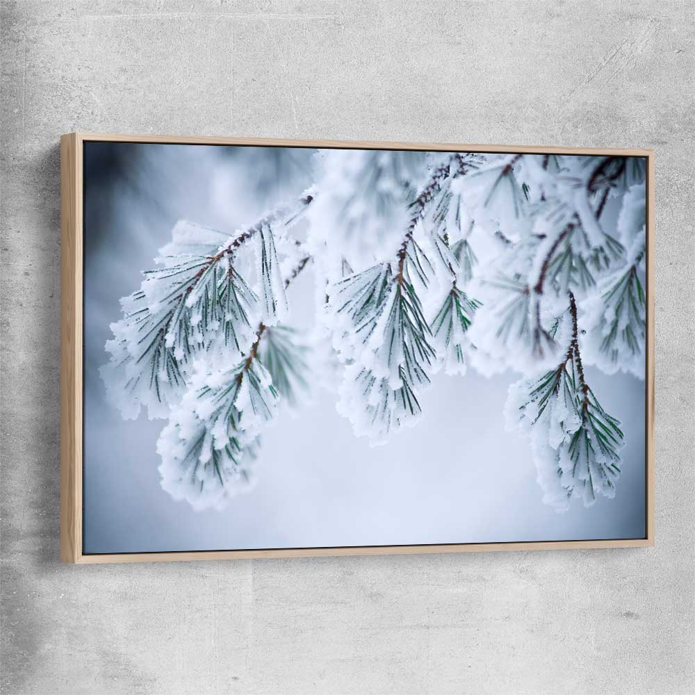 Floral print of Frosted Pine Canopy with raw oak framed canvas