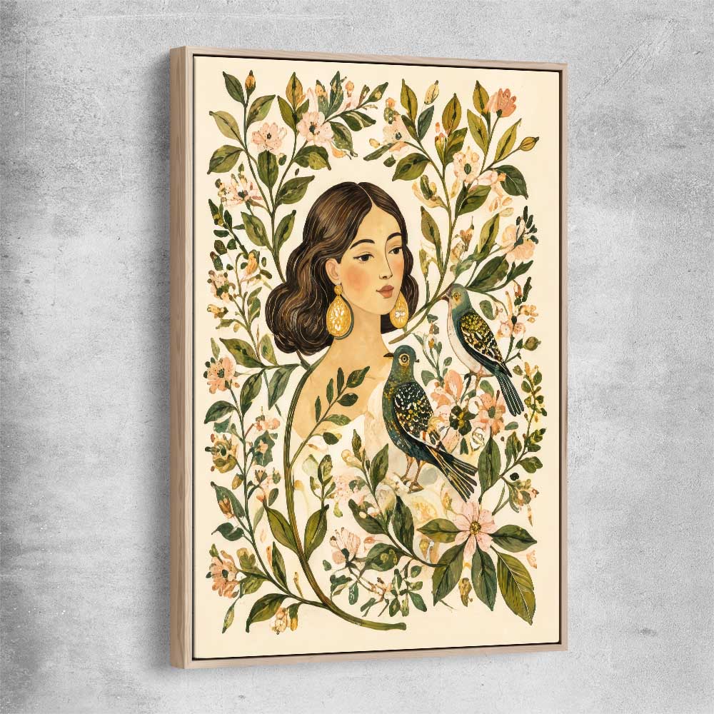 Floral print of Garden Muse with raw oak framed canvas