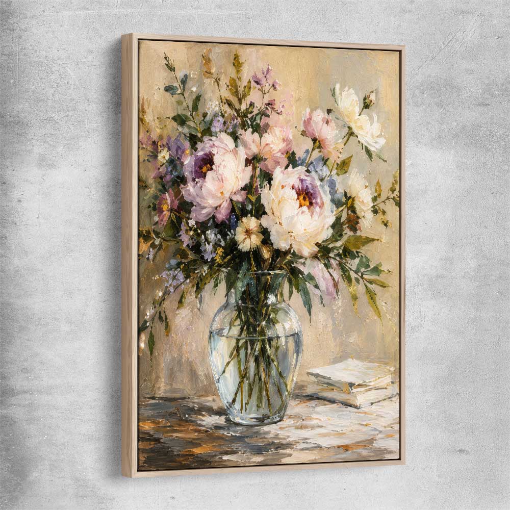 Floral print of Garden Peony with raw oak framed canvas