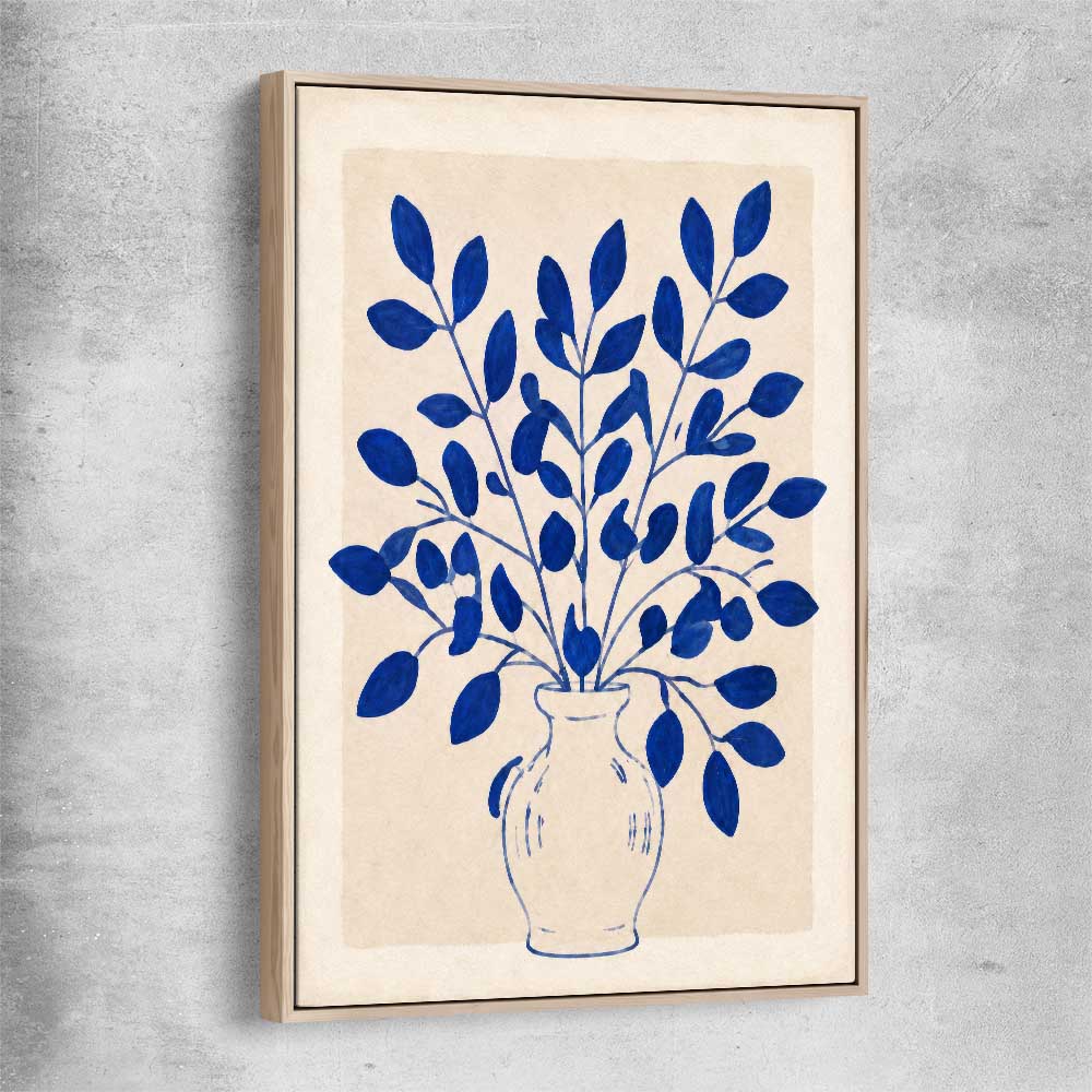 Floral print of Indigo Botanica with raw oak framed canvas