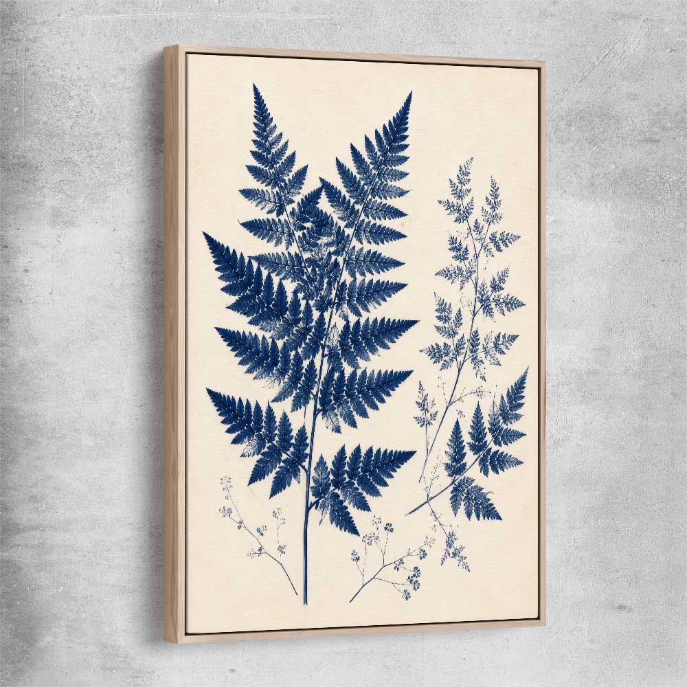 Floral print of Indigo Fern with raw oak framed canvas