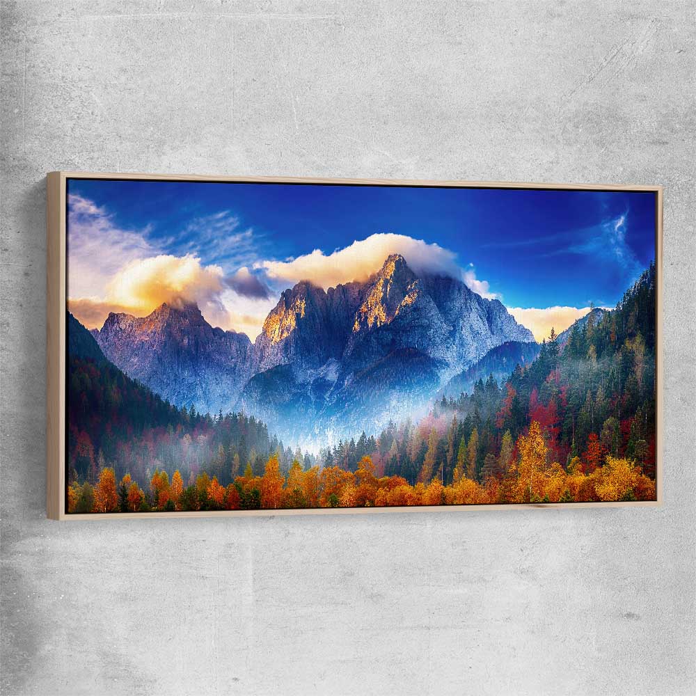 Floral print of Julian Alps Triglav Peak with raw oak framed canvas