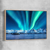 Floral print of Lofoten Aurora Norway with raw oak framed canvas