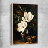 Floral print of Midnight Magnolia with raw oak framed canvas