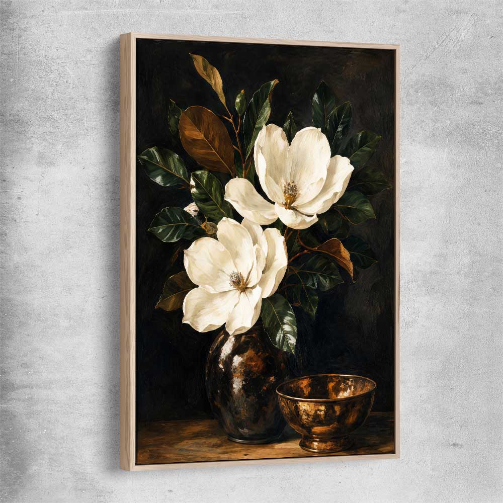 Floral print of Midnight Magnolia with raw oak framed canvas
