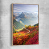Floral print of Mont Blanc Autumn Valley with raw oak framed canvas
