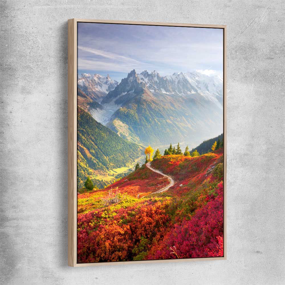 Floral print of Mont Blanc Autumn Valley with raw oak framed canvas