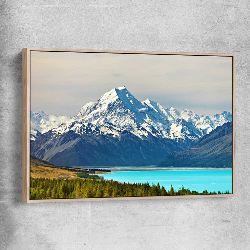 Floral print of Mount Cook Lake Tekapo with raw oak framed canvas