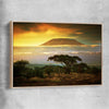 Floral print of Mount Kilimanjaro Sunset with raw oak framed canvas