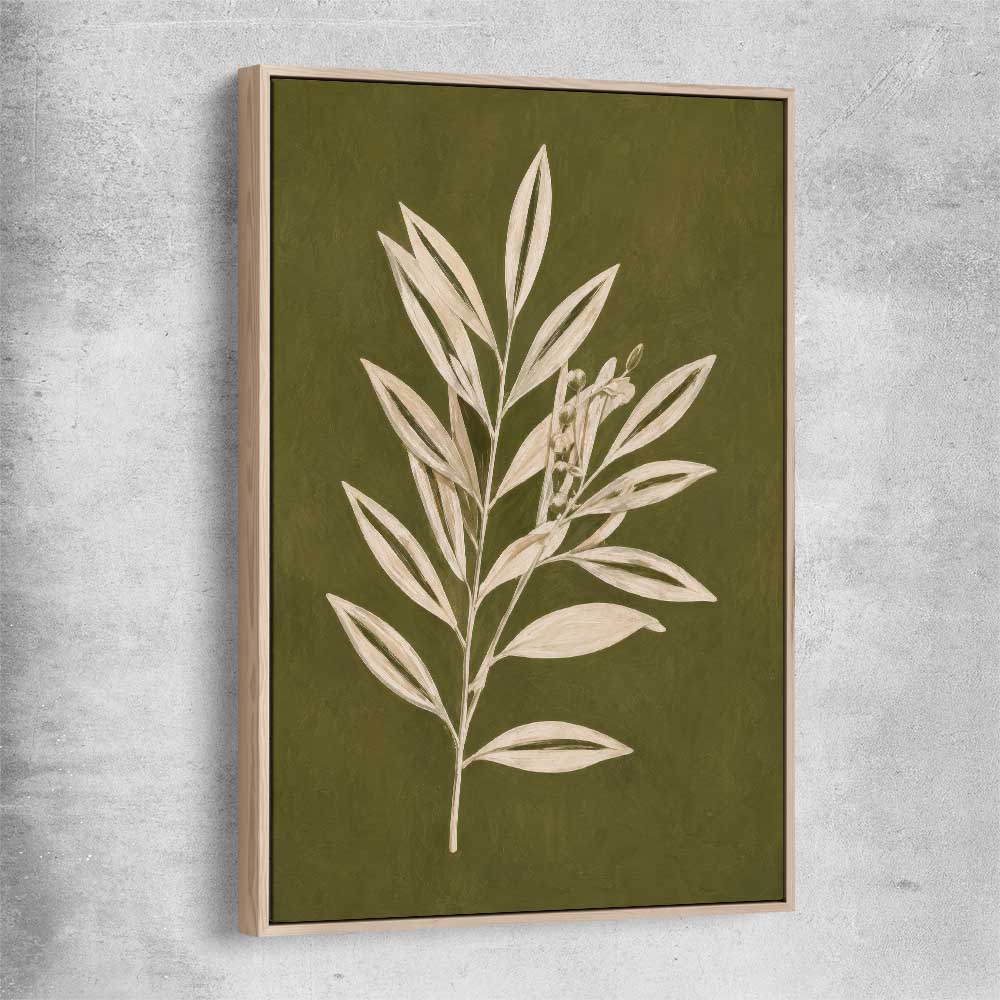 Floral print of Olive Branch with raw oak framed canvas