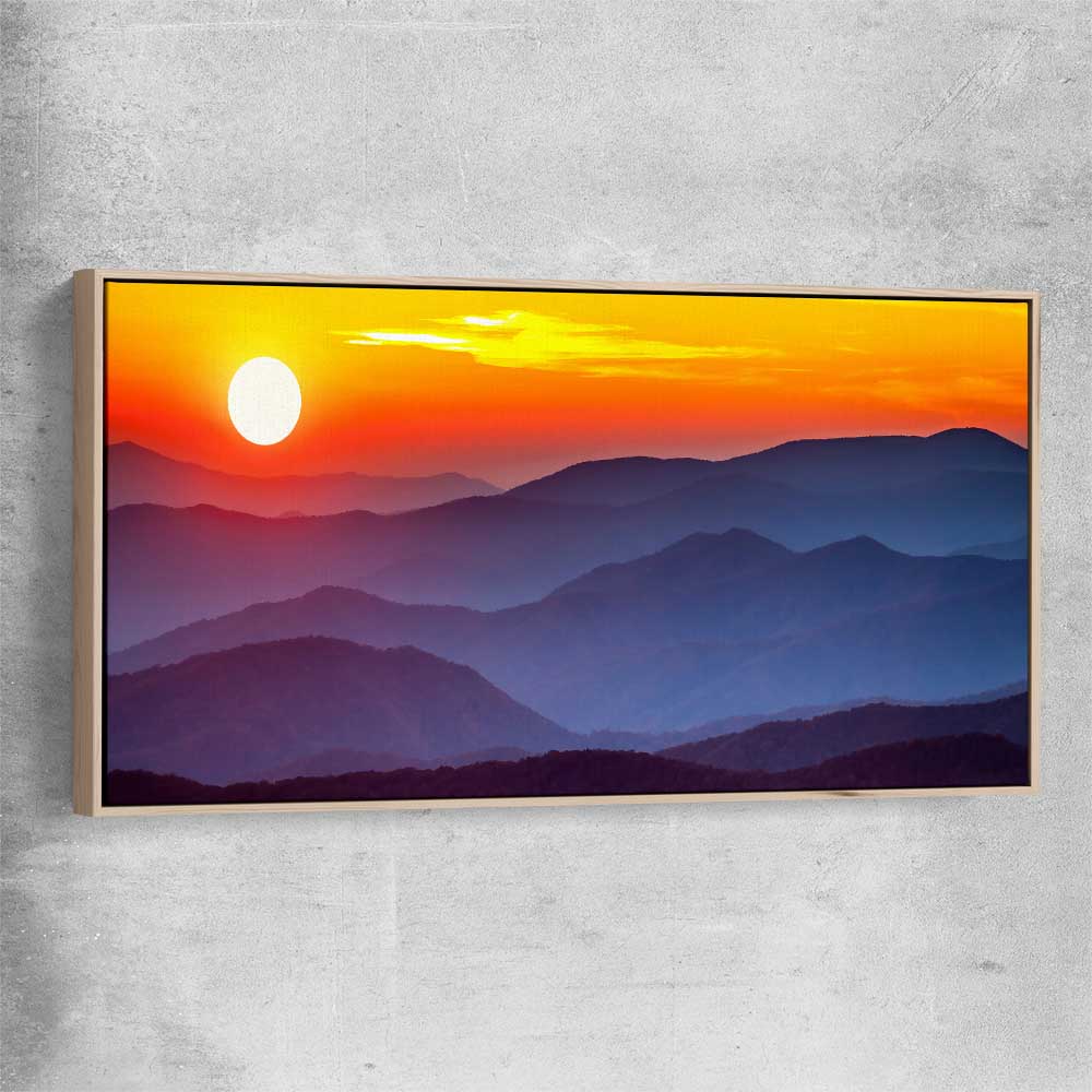 Floral print of Smoky Mountains Sunset with raw oak framed canvas