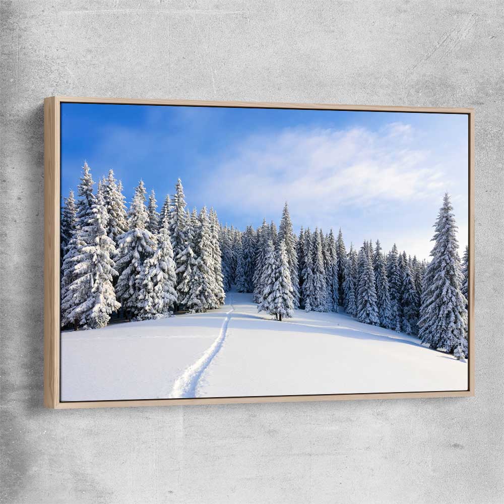 Floral print of Snowy Forest Path with raw oak framed canvas