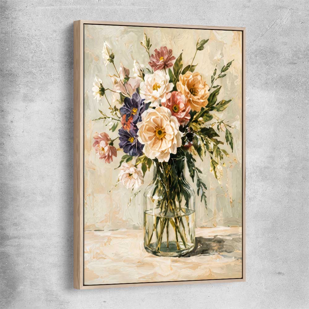 Floral print of Wild Bloom with raw oak framed canvas