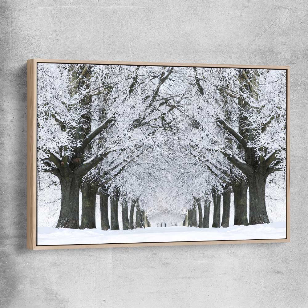 Floral print of Winter Tree Avenue with raw oak framed canvas