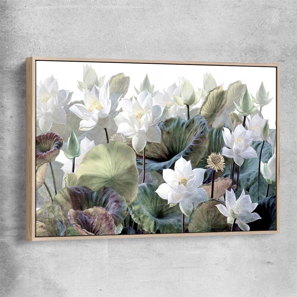 Floral print of Blooming Lotus Flowers with raw oak framed canvas