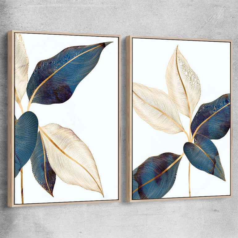 Floral print of Botanic Blue Pair with raw oak framed canvas
