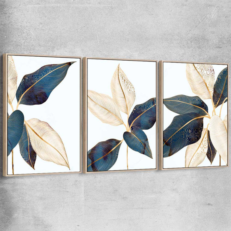 Floral print of Botanic Blue Set with raw oak framed canvas