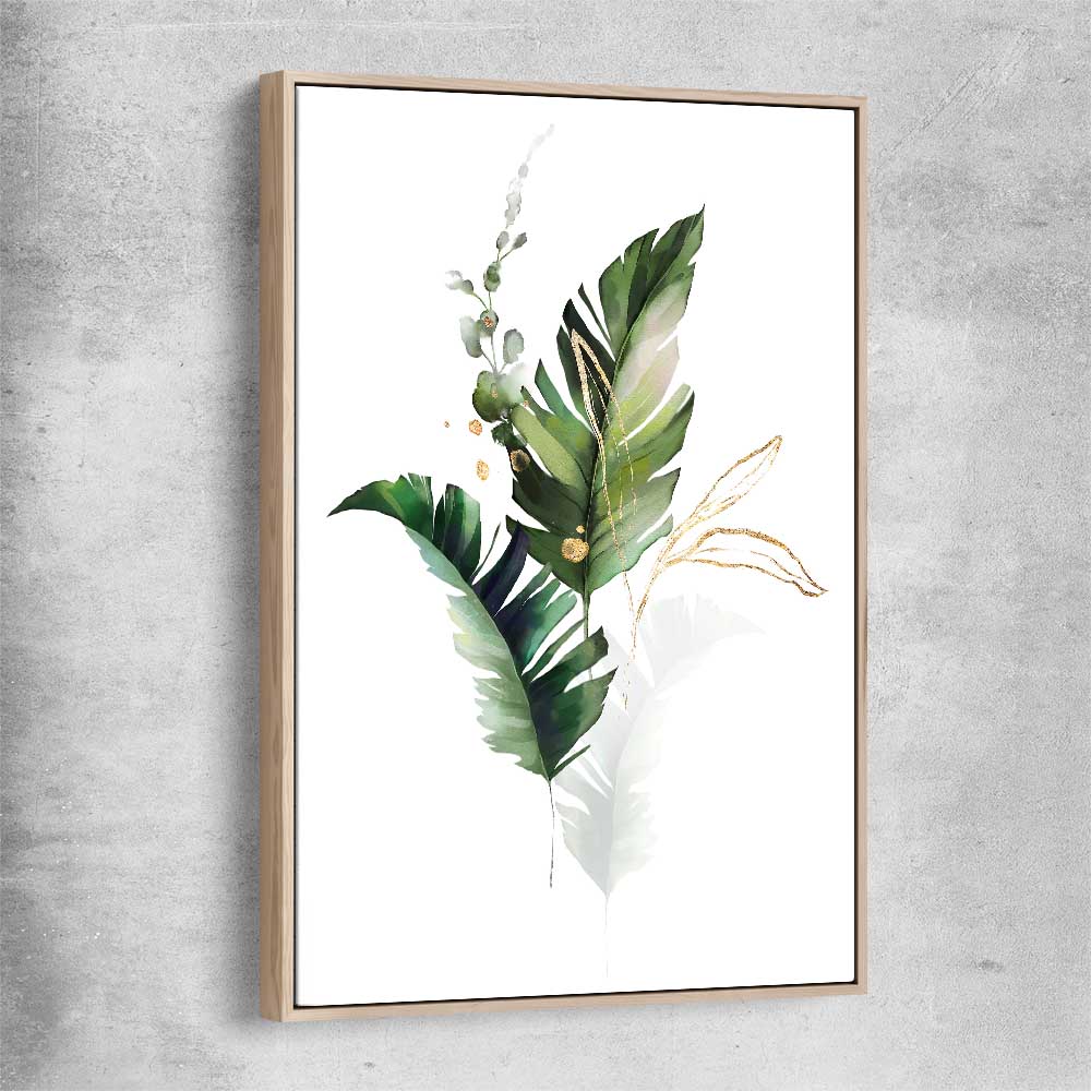 Floral print of Botanic Gold One with raw oak framed canvas