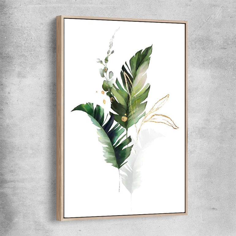 Floral print of Botanic Gold One with raw oak framed canvas